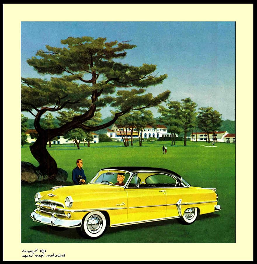 zabytkowe, reklama, marketing, antyczny, przemysłowy, Chrysler, Plymouth Belvedere, sportowe coupe, żółty, historyczny, historia