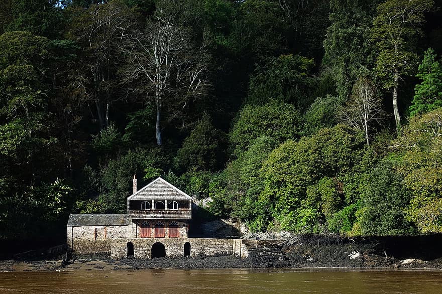 Boathouse, River, Greenway, River Dart, Nature, House, Forest, Riverside, Trees, Estuary, Dead Mans Folly