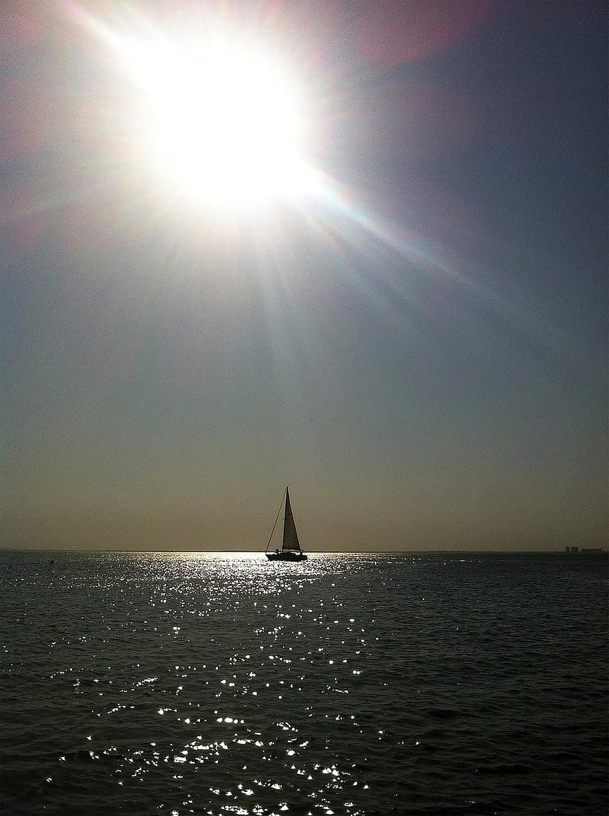 парусная лодка, полыхать, солнце, горизонт, море, парусный спорт, озеро, небо