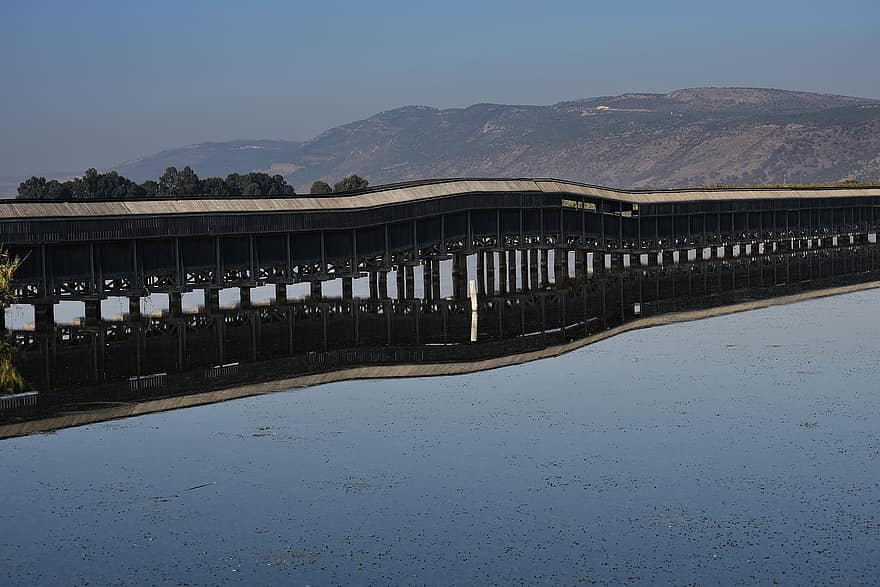 lago, puente, montañas, Valle de Hula, Israel, reserva natural, sendero, puente de madera, naturaleza, agua