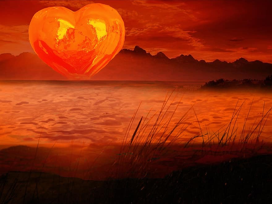 Oranje hart, hart-, zonsondergang, romantisch, liefde, avondlucht, abendstimmung, zee, nagloed, zon en zee, romance