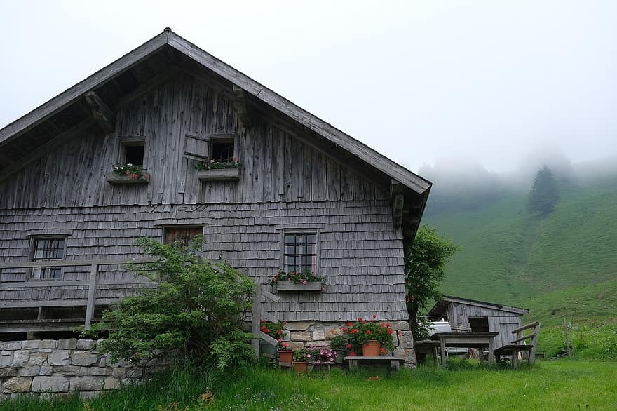 алпийска хижа, промяна на времето, мъгла, природа, пейзаж, Австрия, селска сцена, дърво, зелен цвят, планина, къщичка
