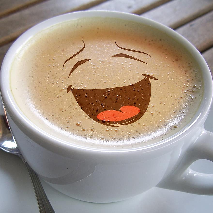kop, kaffe, skum, café au lait, smil, grine, smiley, glæde, lykkelig, tilfreds, kaffeskum