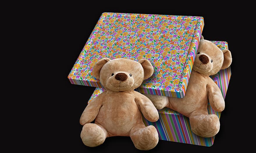 urso Teddy, caixa, ternura, doce, animal de pelúcia, Toque, presente, fundo preto, surpresa