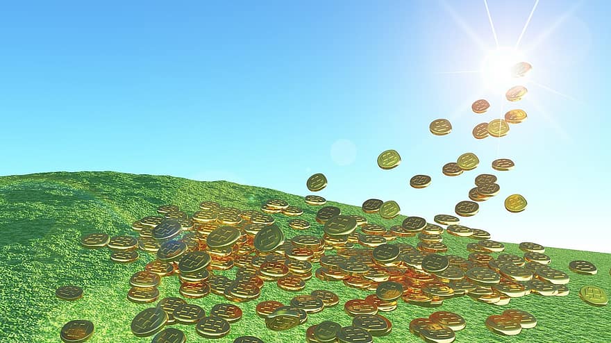 слънчева енергия, Златни монети, слънчева светлина, производство на енергия, слънчевата енергия, пари, злато, ливада, хълм, синьо небе, ослепителен