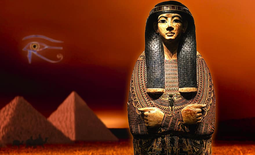 egypten, öken-, sarkofag, pyramid, horus, öga, symbol, religion, kulturer, staty, skulptur