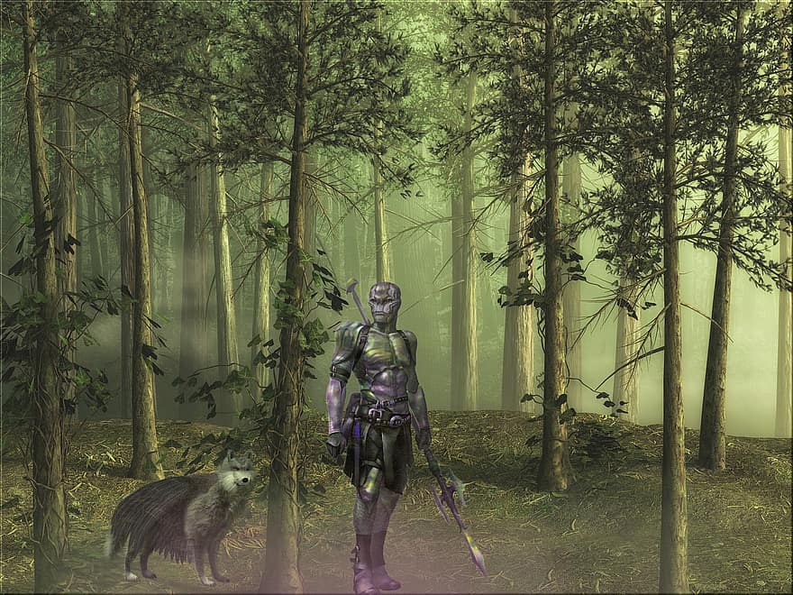 фон, леса, туманный, воин, волк, фантастика, персонаж, цифровое искусство