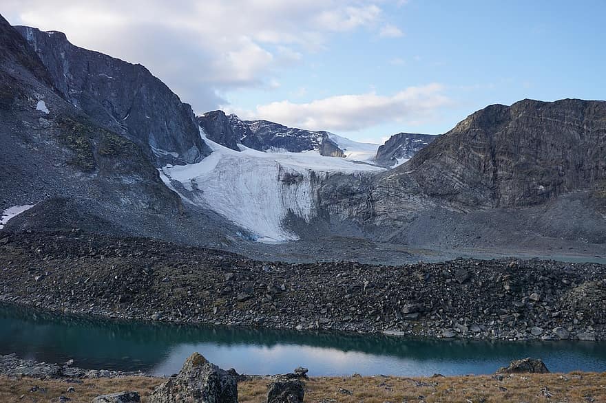 les montagnes, Lac, Jotunheimen, Norvège, la nature, neige, glacier, la glace, région sauvage, paysage, Grotbrean