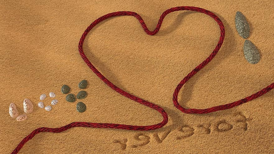 kärlek, strand, sand, rep, skal, 3d
