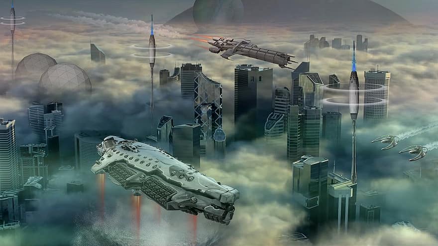 trogen, stad, moln, urban, framtida, sci-fi, skyskrapor, byggnader, rymdskepp, teknologi, cyberpunk