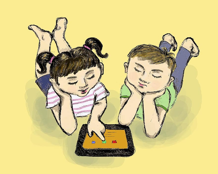 유치원, 태블릿, ipad, 컴퓨터, 어린이, 노란색 컴퓨터, 노란색 노트북