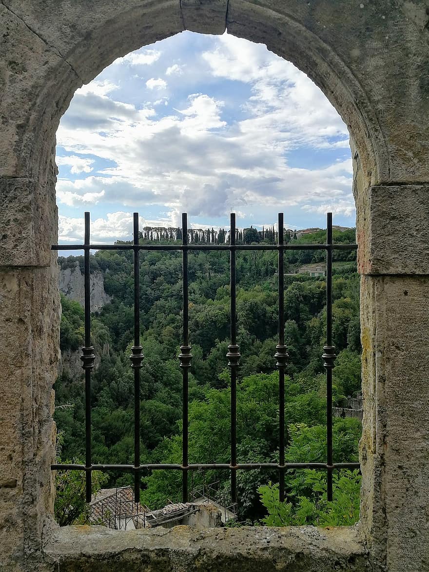 прозорец, метални парапети, дървета, изглед, стар, реколта, камък, Тоскана, Италия, природа