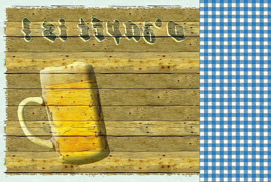 Oktoberfest, ly bia, gỗ, bảng tường, bảng thông báo, màu xanh da trời, trắng, ca rô, trang trí, vườn bia, ozapft là