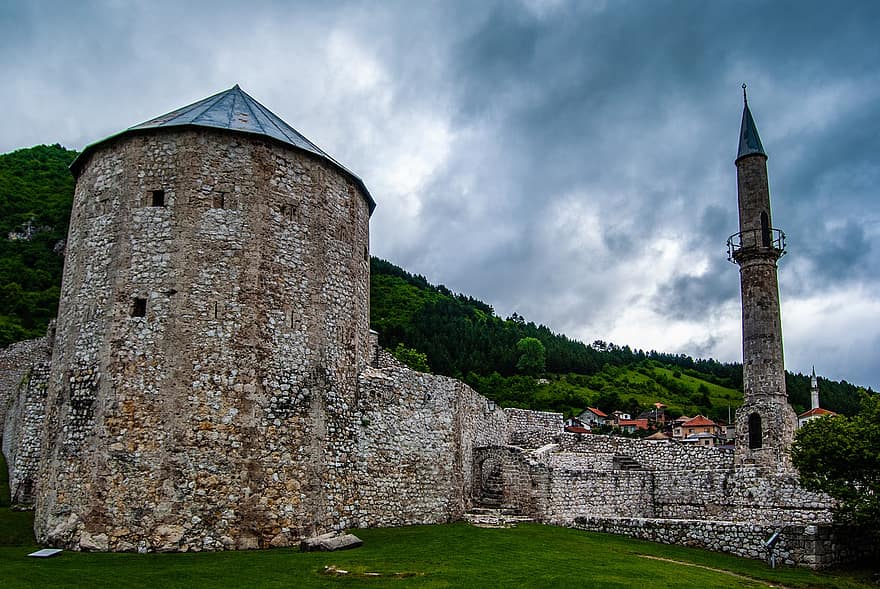 Trávník, vesting, toren, torentje, wanden, steen, kasteel, Bosnië-Herzegovina, Europa, Balkan