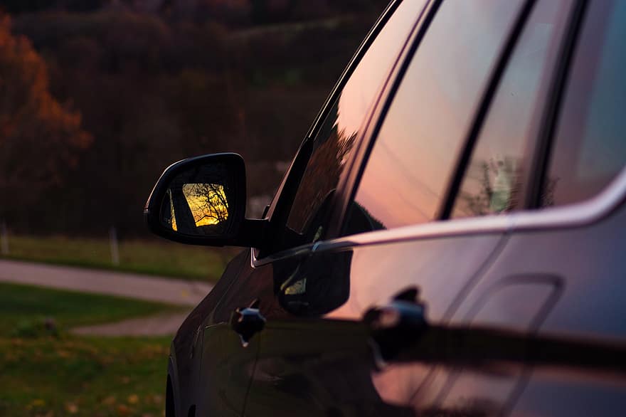 køretøj, bil, sidespejl, solnedgang