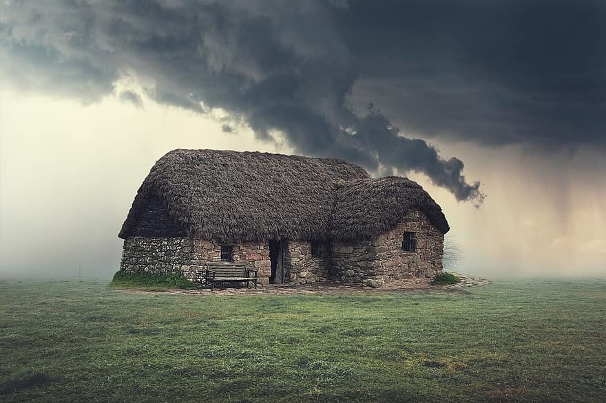 Blackhouse, Cabin, Storm, Traditional House, Stone House, Landscape, Field, Rain, Clouds
