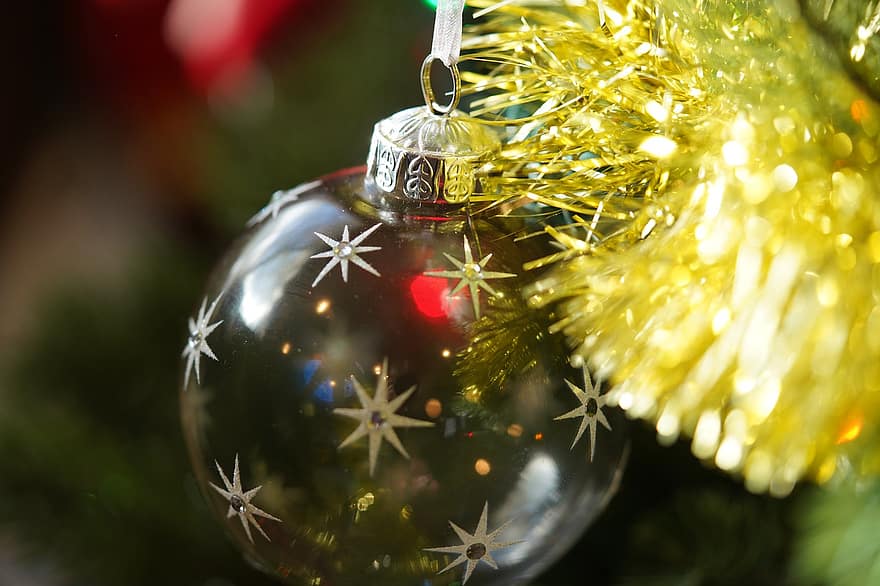 prydnad, jul, träd, Semester, glas, boll, glitter, klar, transparent, klot, guld-