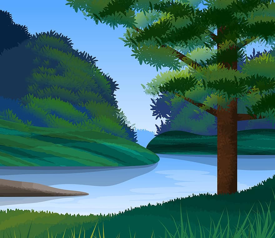 ilustración, fondo, papel pintado, estilizado, paisaje, escénico, bosque, árbol, rio, ambiente, vista