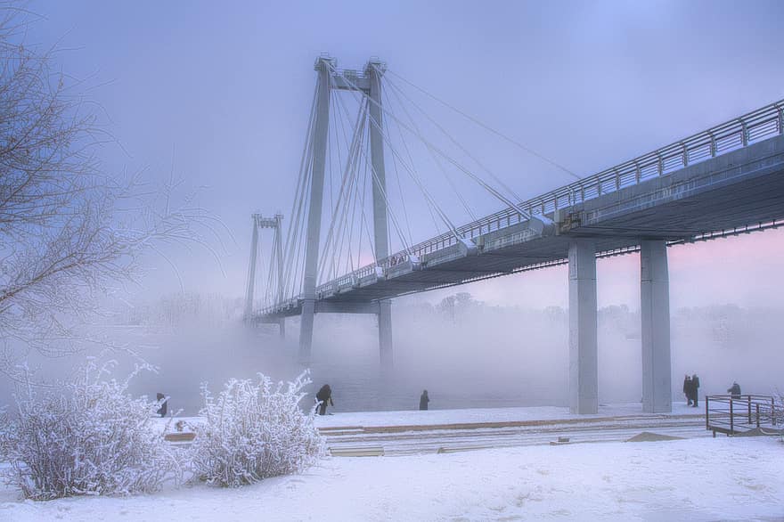 мост, зима, сезон, на открито, град, Красноярск