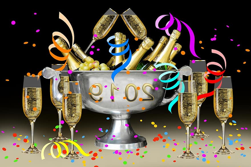 Véspera de Ano Novo, dia de Ano Novo, 2019, silvestre, volta do ano, comemoro, festival, bebida, confinar, sorte, champanhe