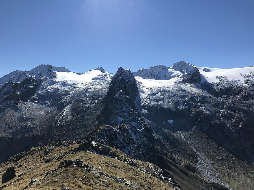 Panorama iš „Piz Ault“., Alpių maršrutas, Alpės, vaikščioti, dangus, viršūnės, ekskursijos, žygiai, kalnai, pobūdį, debesys