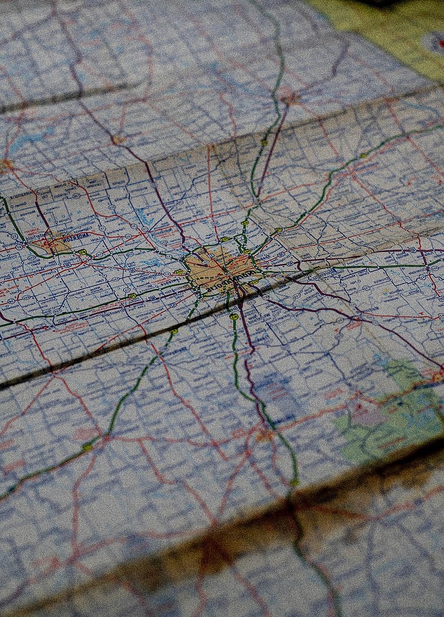 карта, путешествовать, проводить исследования, взгляд, место назначения, направления, Дорога, шоссе, город, городок, Индиана