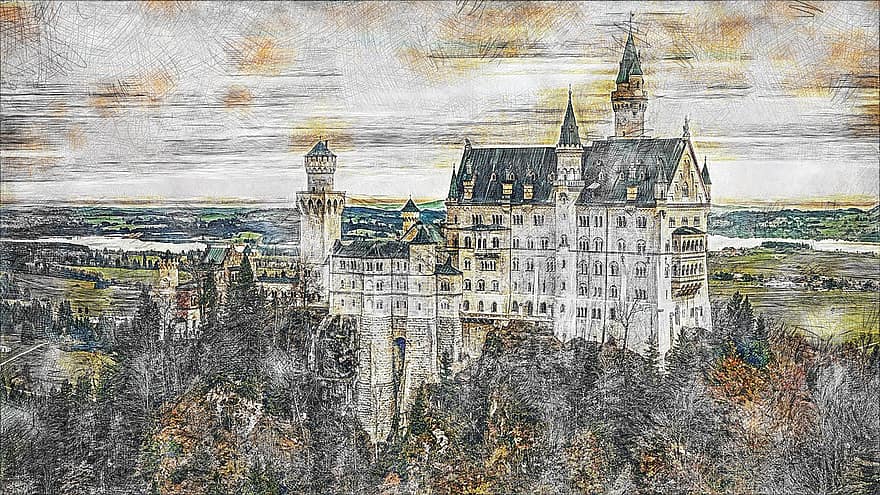 архитектура, Кристин, замък, приказен замък, крал лудвиг, Бавария, стар, Фюсен, пейзаж, природа, есен