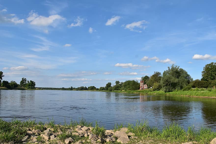 elbe rivier, rivier-, Duitsland, magdeburg, Sachsen-Anhalt, landschap, zomer, blauw, water, landelijke scène, groene kleur