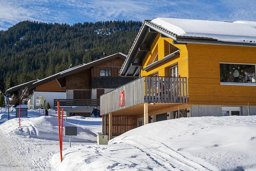 huse, landsby, vinter, sne, indkørsel, snedrive, Alperne, by, Brunni, kanton af schwyz, Schweiz
