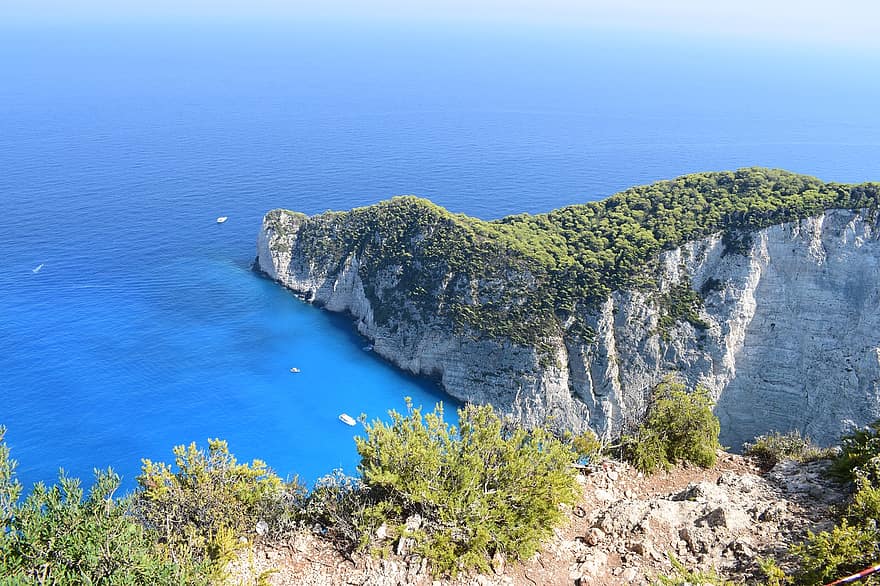 崖、ギリシャ、海、入り江、海洋、自然、水、ビーチ、夏、休日、船