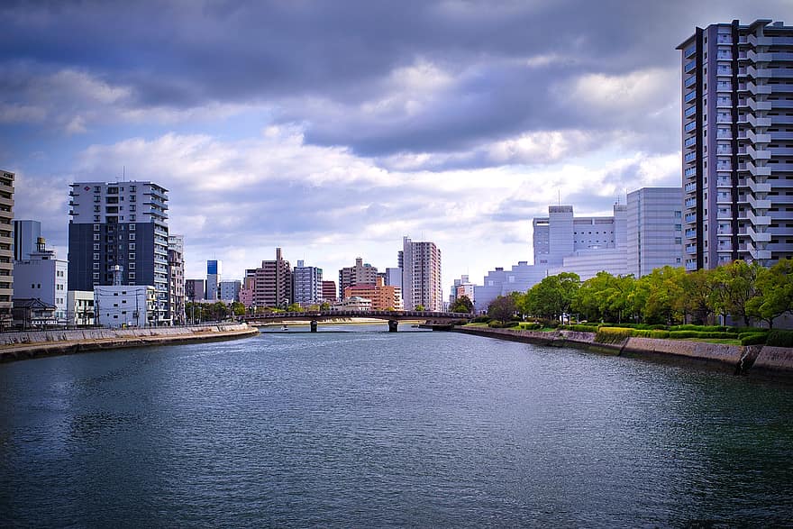 град, сгради, река, вода, мост, градски, модерни сгради, небостъргачи, силует, Хирошима