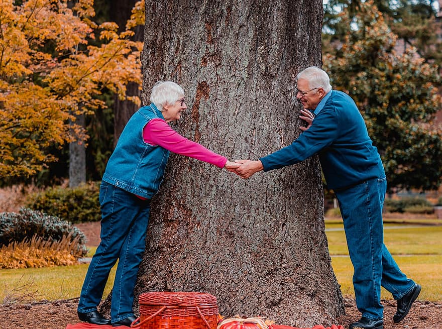 старша пара, дідусь, бабуся, бабусі та дідусі, дерево, падіння, осінь, щасливі, радісний, біле волосся, інтимний