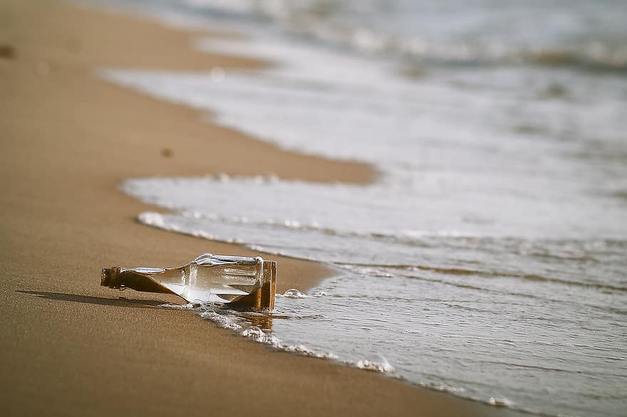 ビーチ、砂、海、漂流した、ボトル、波、海岸線、夏、水、休暇、メッセージ