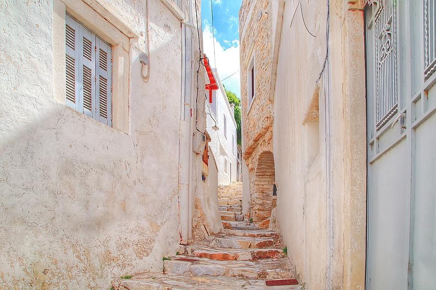 Гърция, стълбище, алея, град, сграда, постепенно, каменни стълби, средна възраст, Циклади