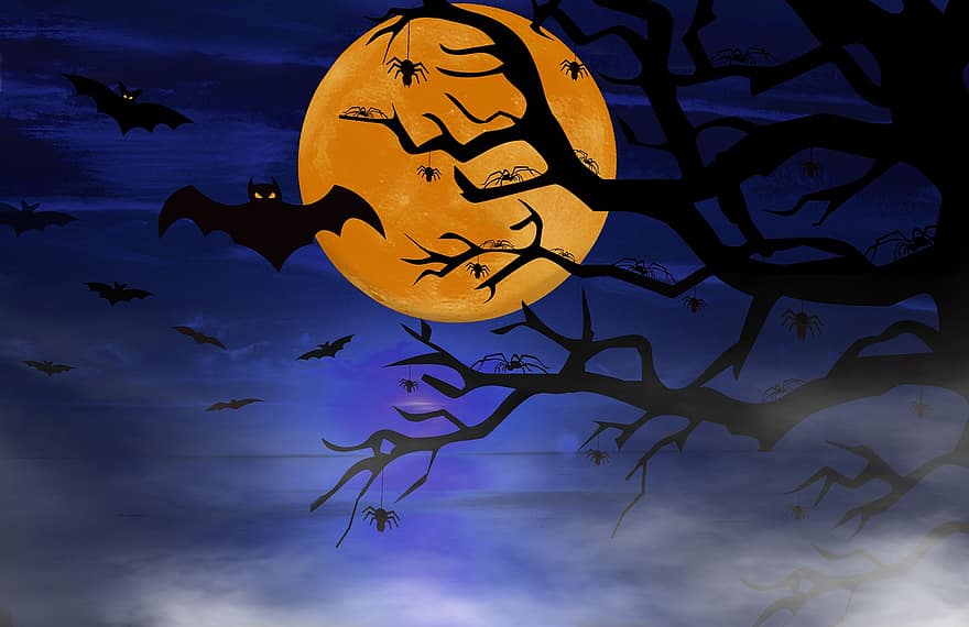 flaggermus, tre, tåke, måne, halloween, skummel, fullmåne, silhuetter, natt, skrekk, skremmende