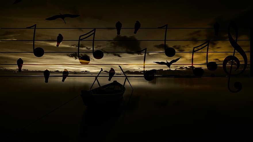 poznámky, hudba, západ slunce, silueta, moře, loď, horizont, temný, mlha, ptáků, stín