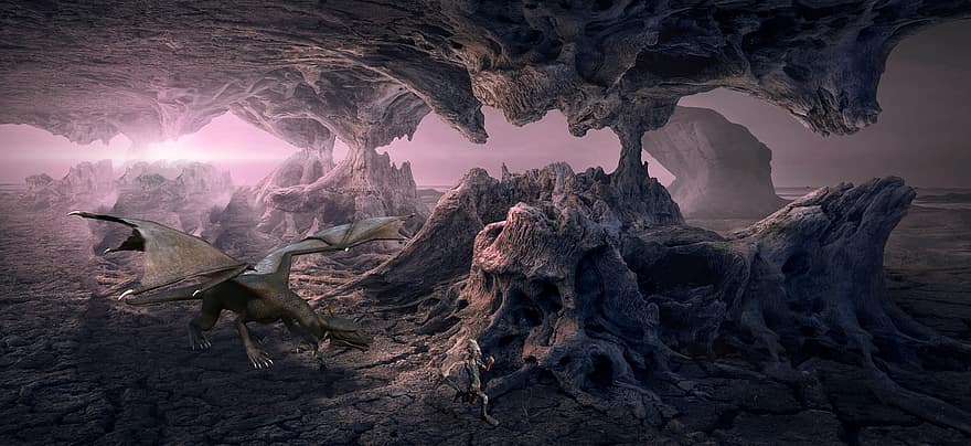 Mountains, Cave, Dragon, Fantasy, illustration, spooky, old, night, mystery, reptile, extinct
