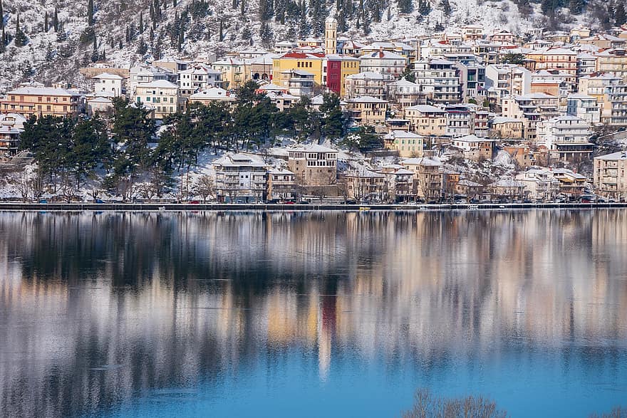 cielo, naturaleza, increíble, clima, Kastoria, Grecia, nubes, nieve, montaña, agua, paisaje urbano