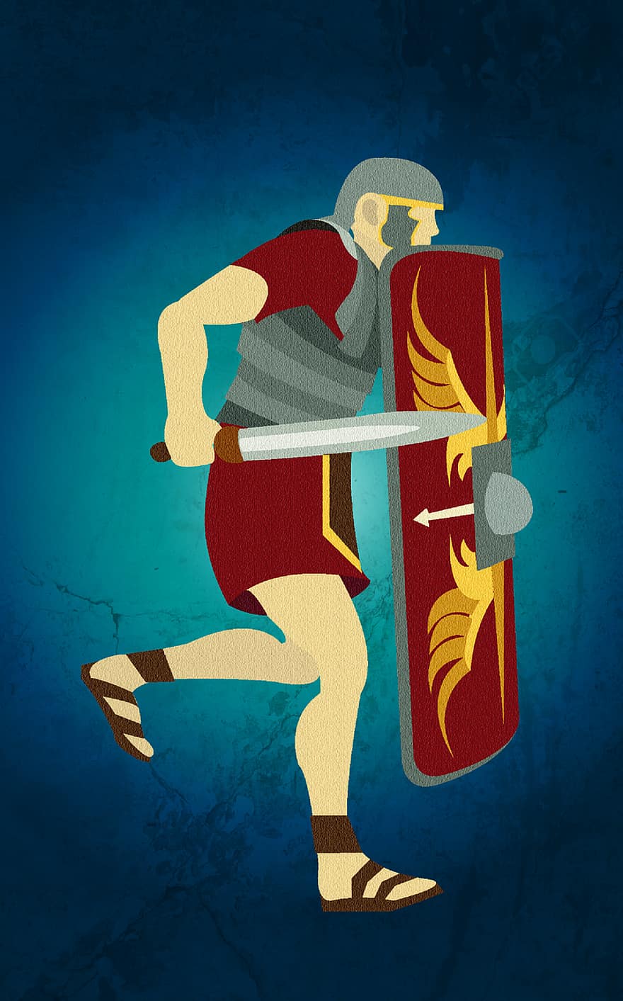 konst, romersk, rom, soldat, romerska soldaten, affisch, skydda, svärd, vapen, gammal, medeltida