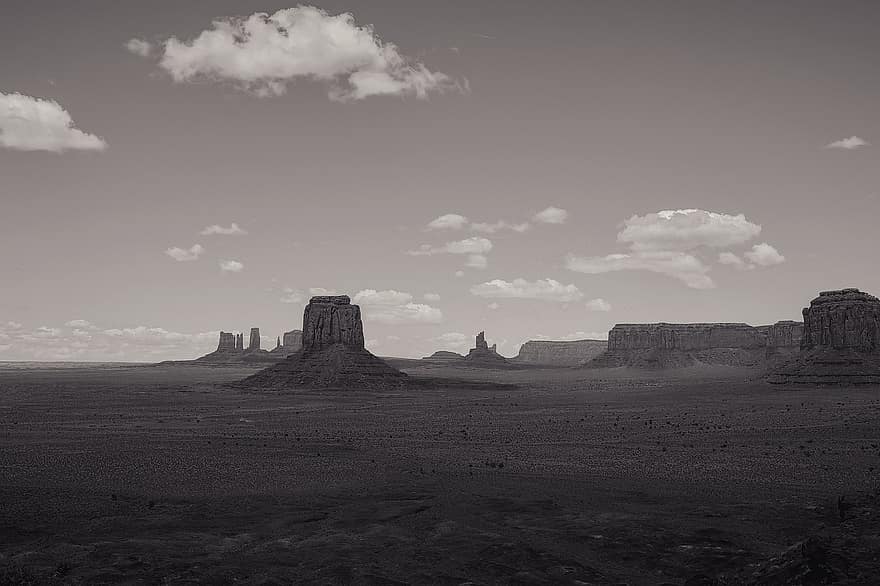 Desert, Cliffs, Barren, Landscape, Nature, Black And White, Monochrome, Horizon, Dry Lands, Sky, Usa