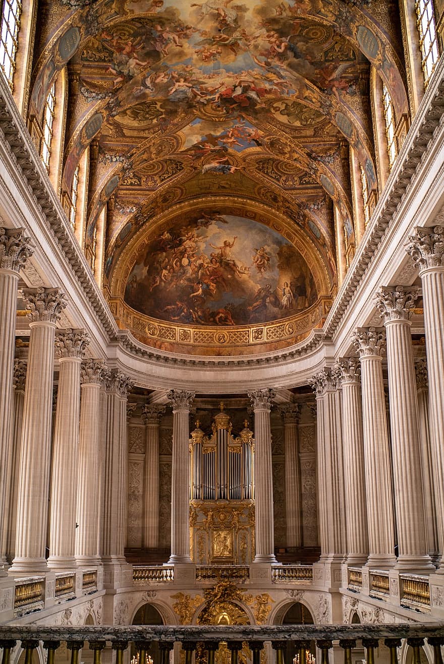 palácio de Versailles, castelo, teto, interior, pilares, colunas, arquitetura, histórico, herança, museu, Palácio