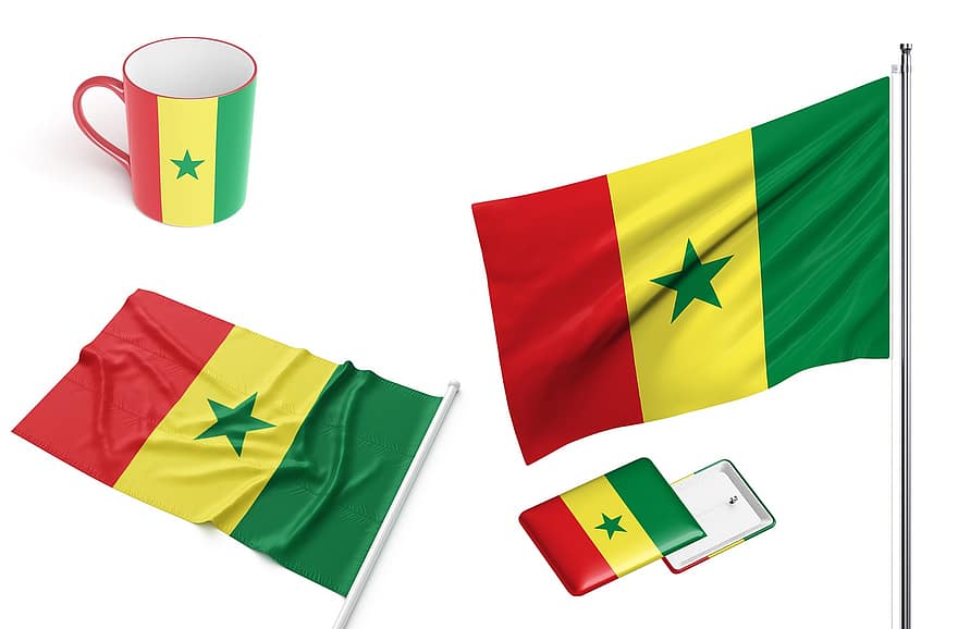 Senegal, país, bandeira, Distintivo de Pin, caneca, copo, mastro de bandeira, bandeira nacional, símbolo, independência, dia Nacional