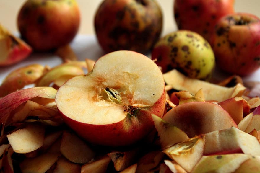 jabłka, obierać, kawałek, owoc, żniwa, jedzenie, dojrzały, organiczny, zdrowy