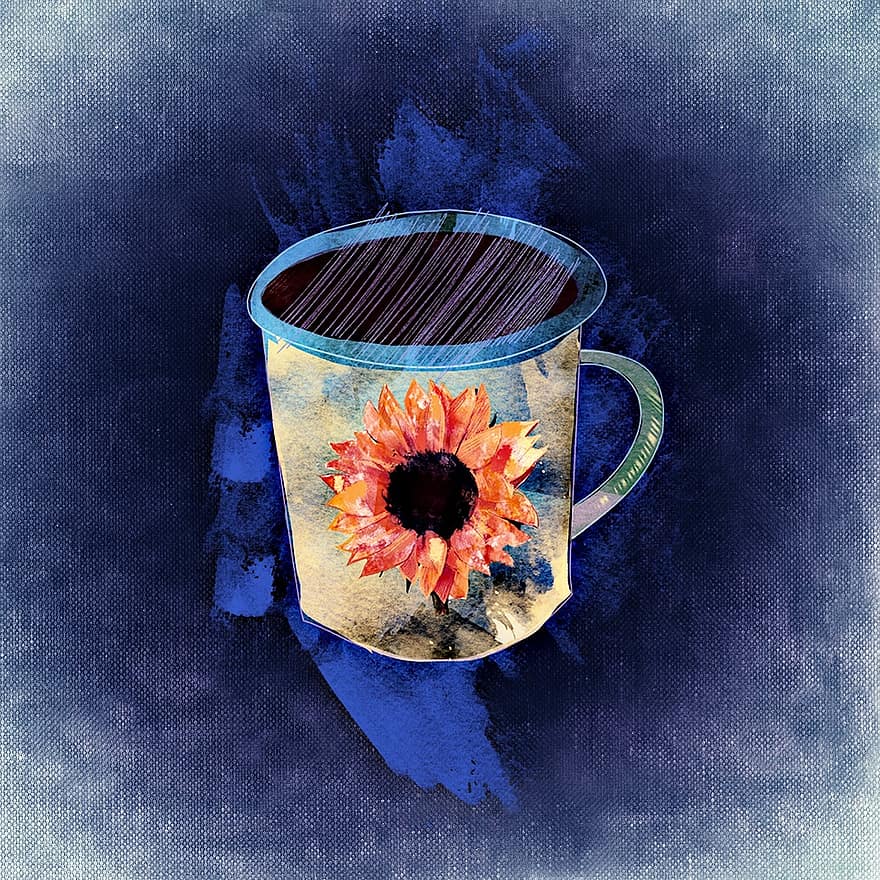 커피, 컵, 꽃, 해바라기