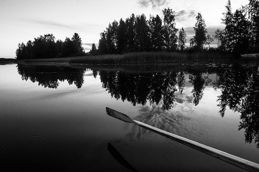 łódź, rząd, jezioro, drzewa, odbicie, noc, sceneria, woda, Finlandia, fińska noc, Fantazja