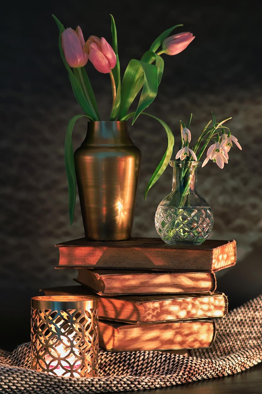 tulipaner, bøger, flok blomster, stilleben, vintergæk, vase, dekoration, Bestil, baggrunde, blomst, bord