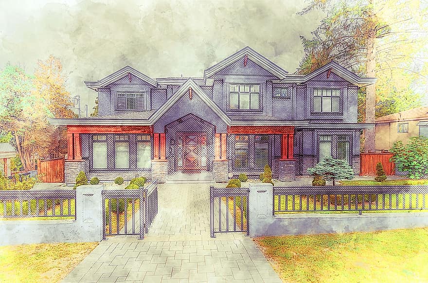 Artwork, Painting, House, Visual Art, Two-storey House, architecture, building exterior, window, design, wood, grass