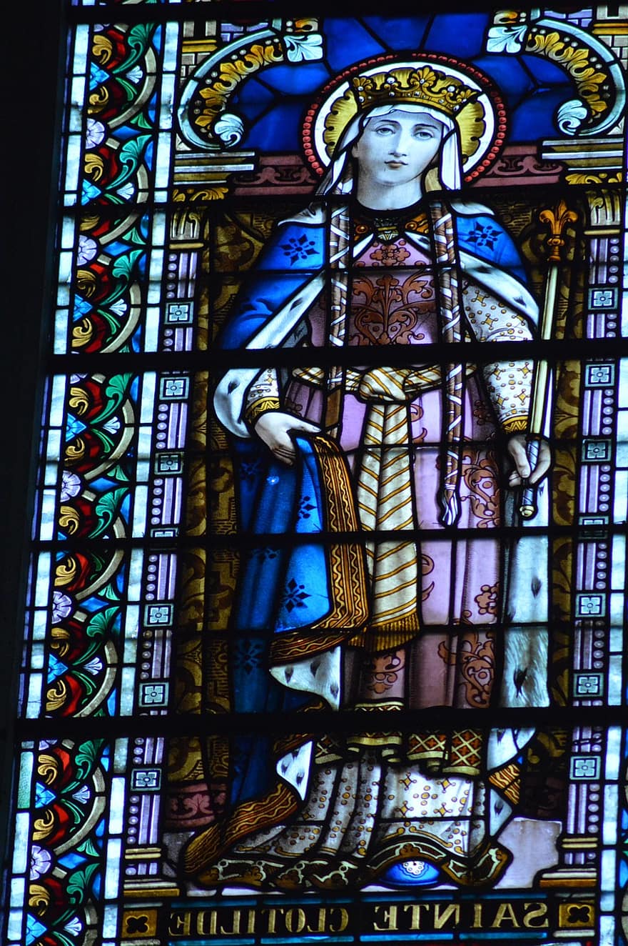 Stained Glass, Window, Church, Holy, Woman, Clotilde, Sceptre, Halo, Queen