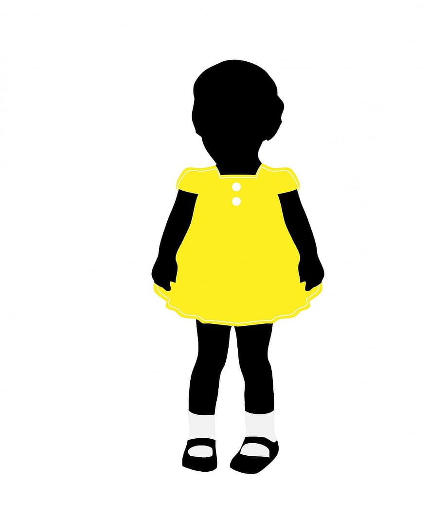 dziecko, dziewczynka, mało, uroczy, czarny, sylwetka, żółty, sukienka, biały, skarpety, kształt