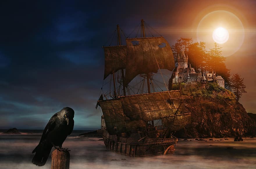 łódź, morze, wyspa, statek żaglowy, ptak, mistyczny, Fantazja, noc, zachód słońca, zmierzch, statek morski